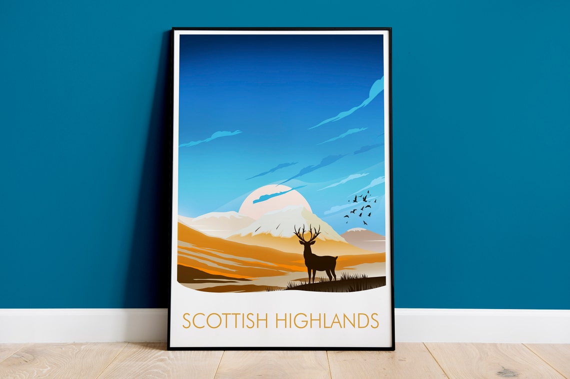 Scottish Highlands Wild Stag Silhouette Mountain Sunset Poster
