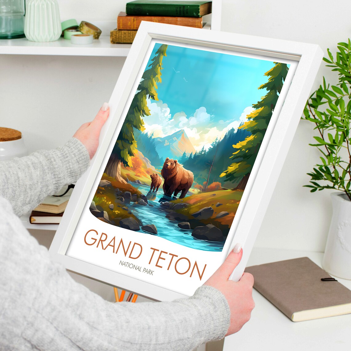 Grand Teton National Park Grizzly Bears Mountain Stream Wyoming Peaks Travel Poster - Image 4