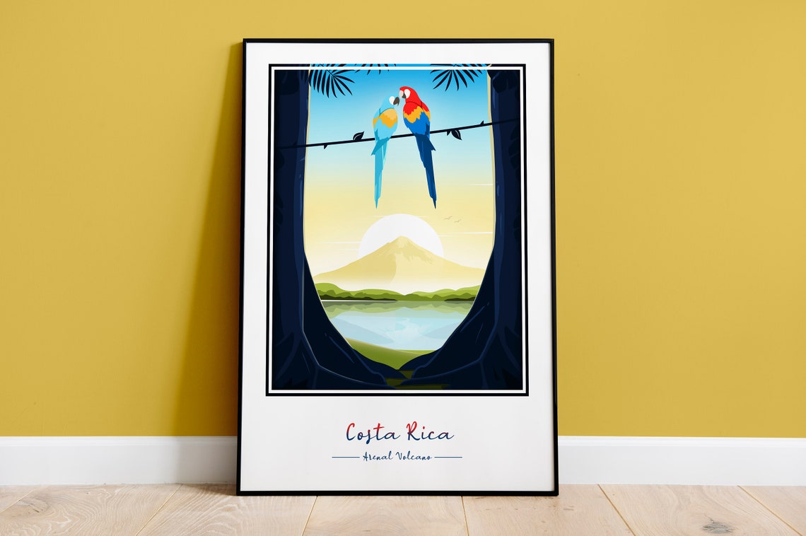 Costa Rica Arenal Volcano Macaws Sunset Jungle Nature Travel Poster