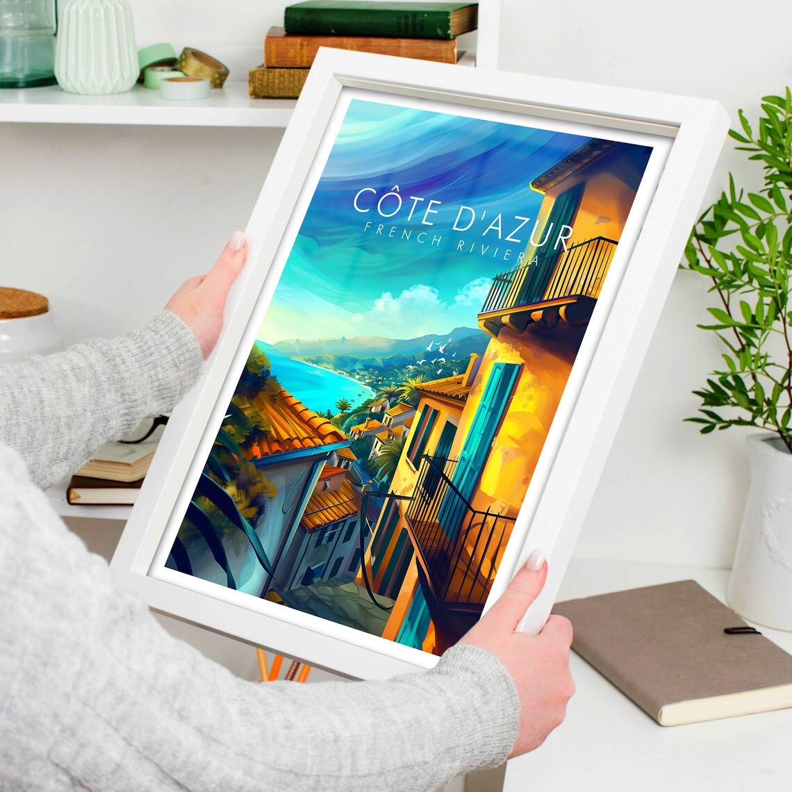 Cote d Azur French Riviera Hillside Village Bay Scene Poster - Image 4