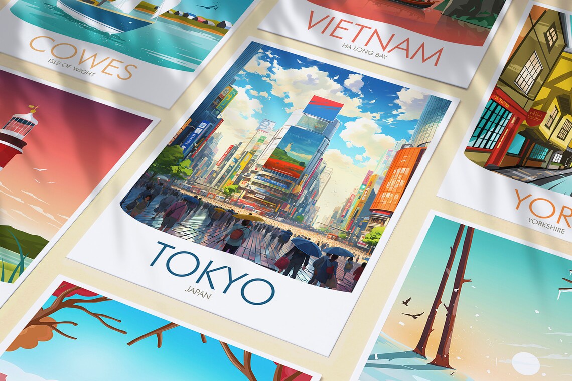Tokyo Japan Crowded Street Umbrella Rain Neon Signs Travel Poster - Image 3
