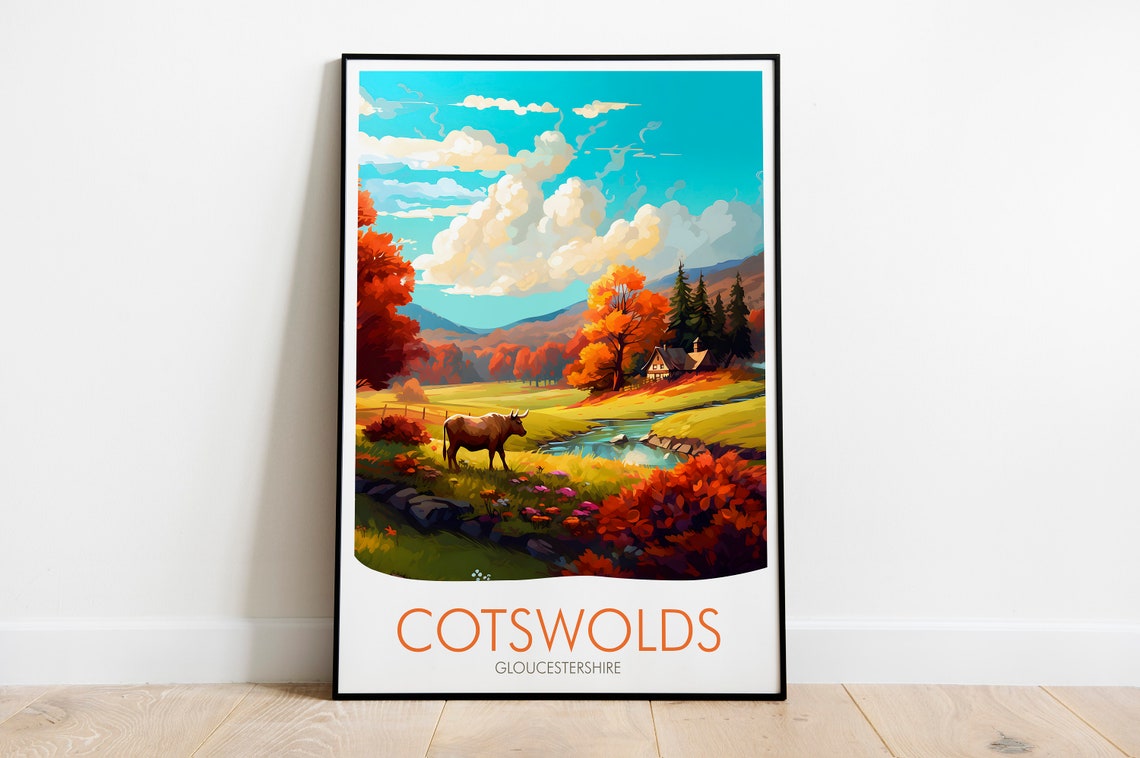 Cotswolds England Autumn Countryside Cow Stream Landscape Poster - Image 2