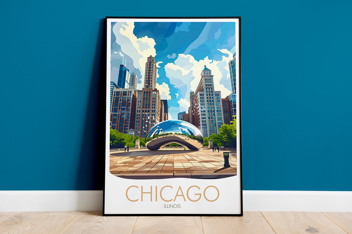 Chicago Illinois Cloud Gate Sculpture Modern Skyline Art Poster