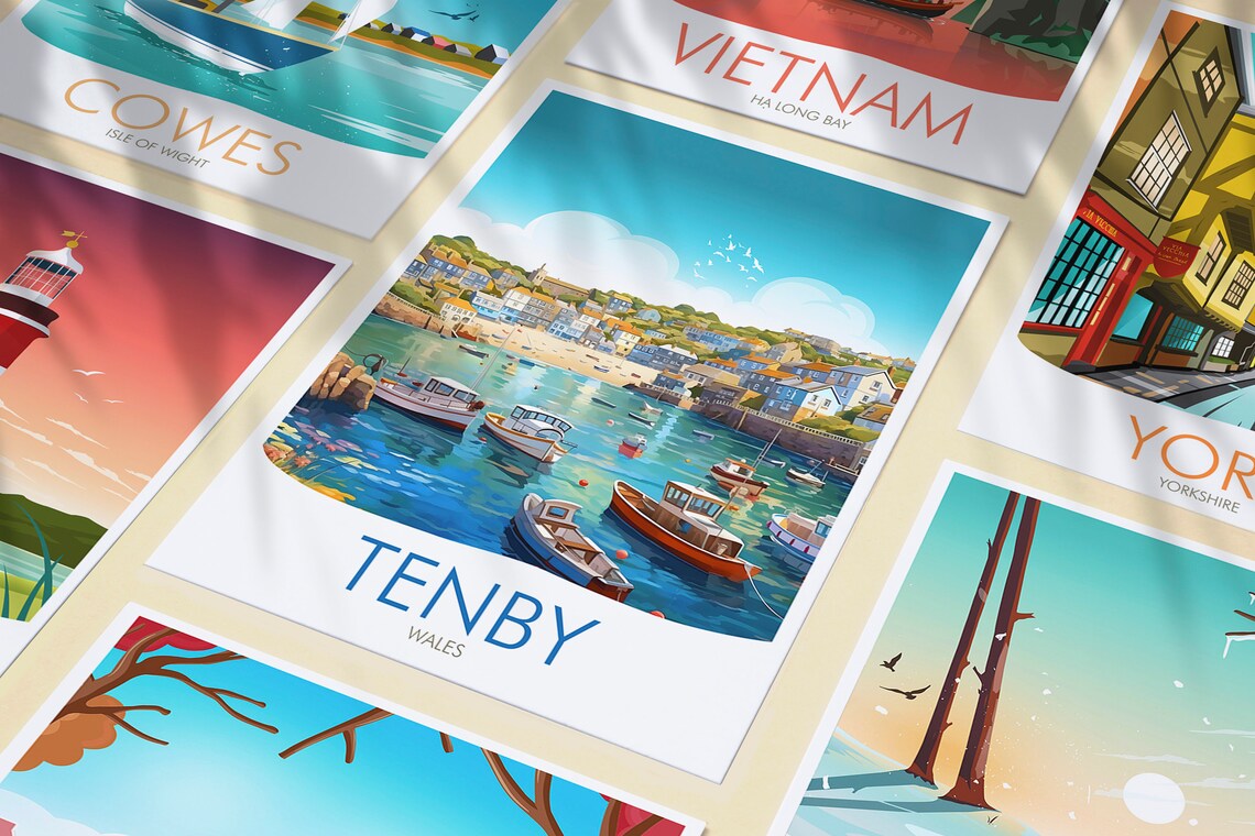 Tenby Wales Harbor Boats Seaside Town Coastal Travel Art Poster - Image 3
