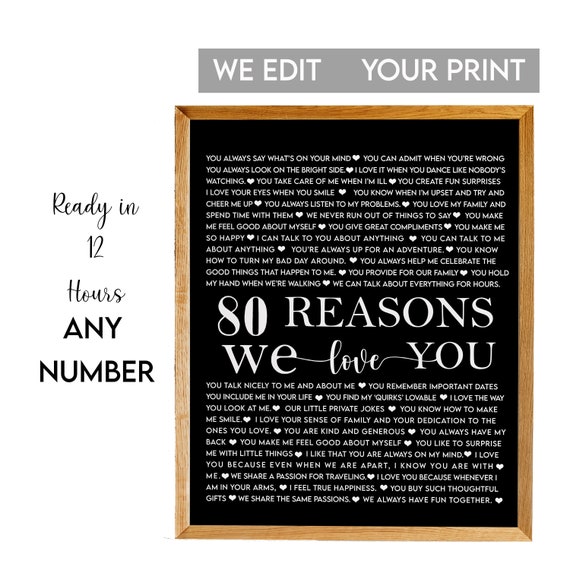 80 Reasons Why We Love You Elegant Black Script 80th Birthday Poster