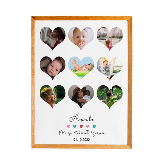 Personalized Baby My First Year Heart Photo Collage Birthday Gift Poster
