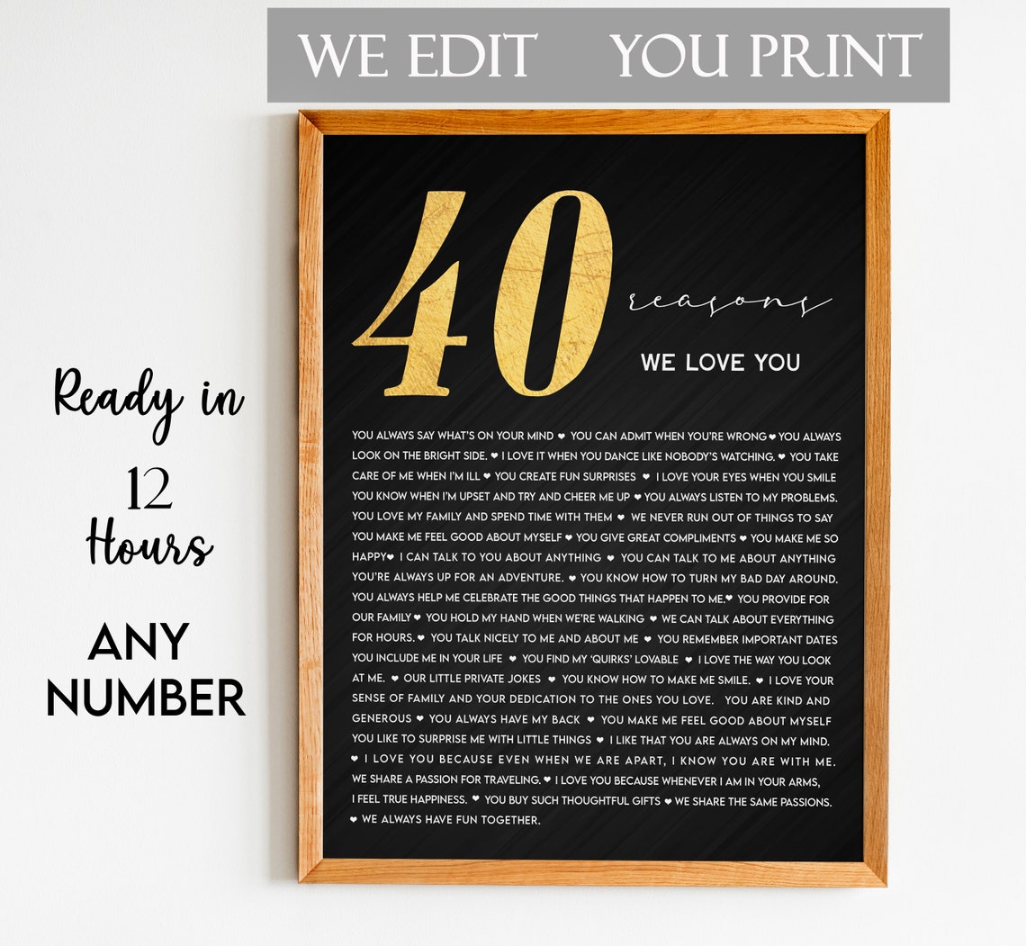 40 Reasons We Love You Black Gold Typographic Keepsake Poster
