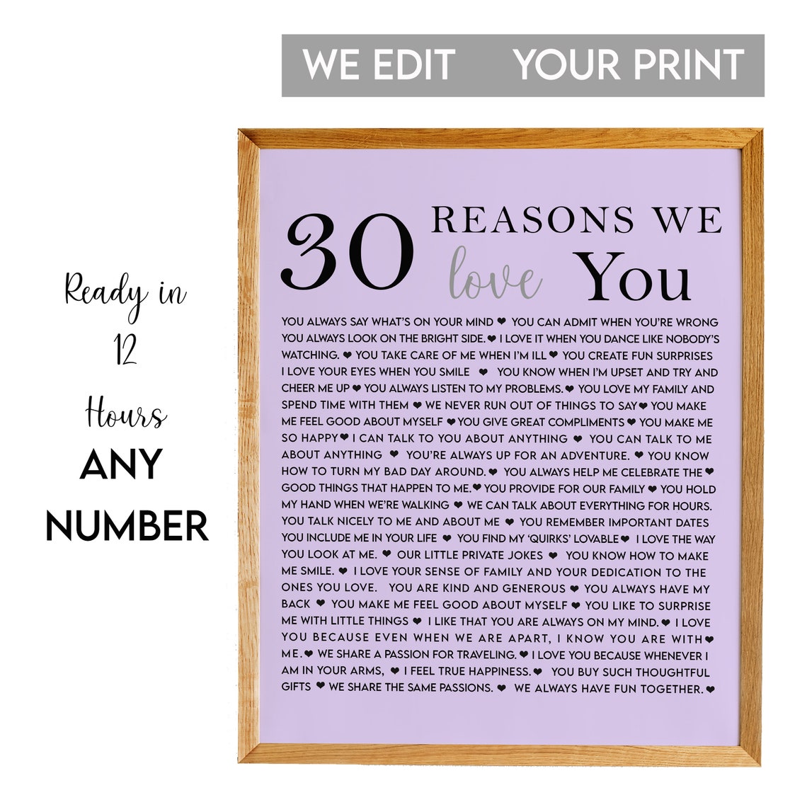30 Reasons Why We Love You Lavender Anniversary Milestone Poster