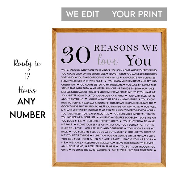 30 Reasons Why We Love You Lavender Anniversary Milestone Poster