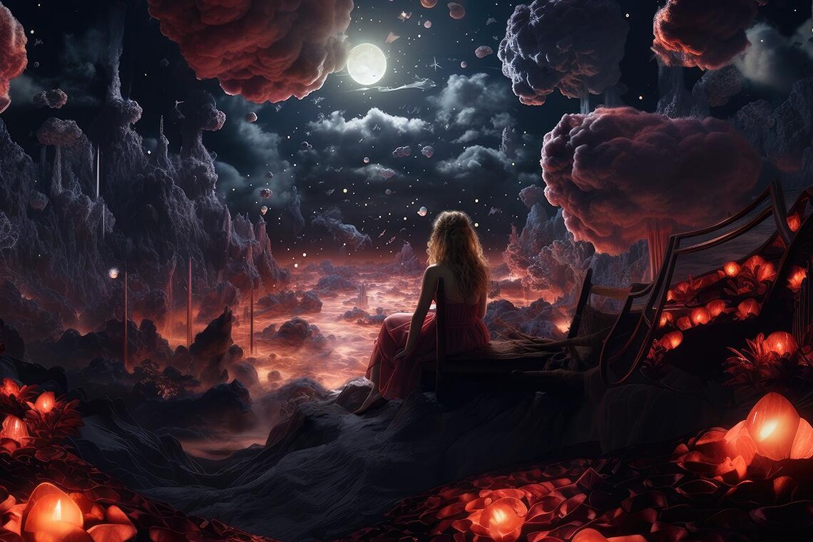 Woman in Red Gazing Over a Moonlit Fantasy World of Clouds Poster