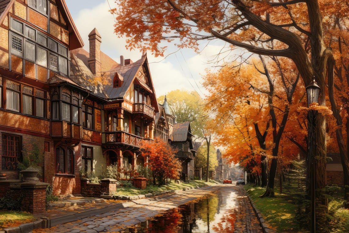 Charming Old Tudor Street in Autumn With Fiery Fall Foliage Poster