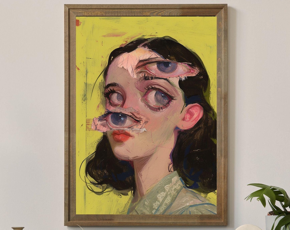 About Eyes Surreal Woman Triple Eye Painting Bold Yellow Poster