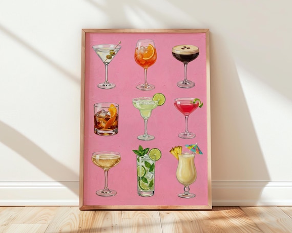 Nine Cocktails Pink Bar Cart Vintage Retro Drink Illustration Poster