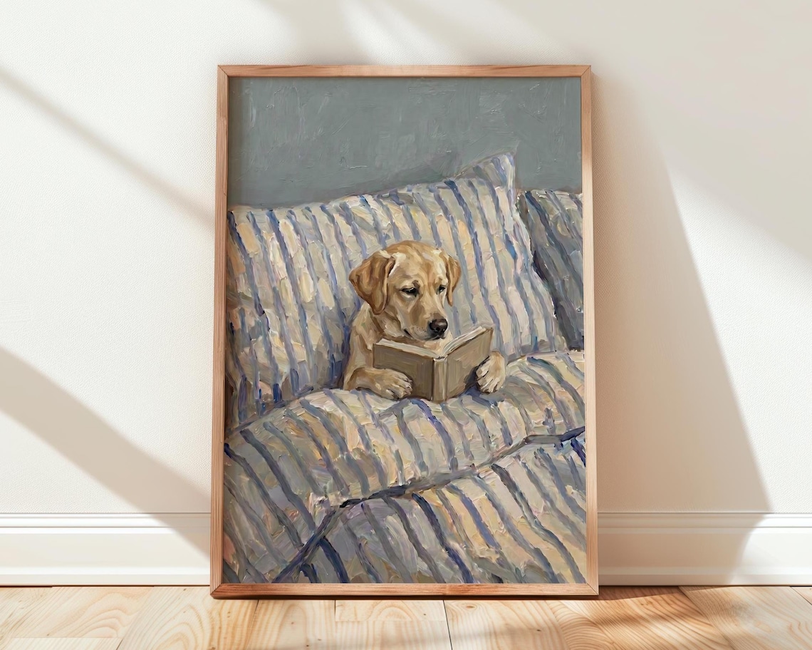 Yellow Labrador In Bed Print Dog Reading Book Wall Art
