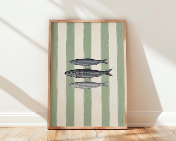 Three Sardines Green Striped Coastal Fish Vintage Painting Poster