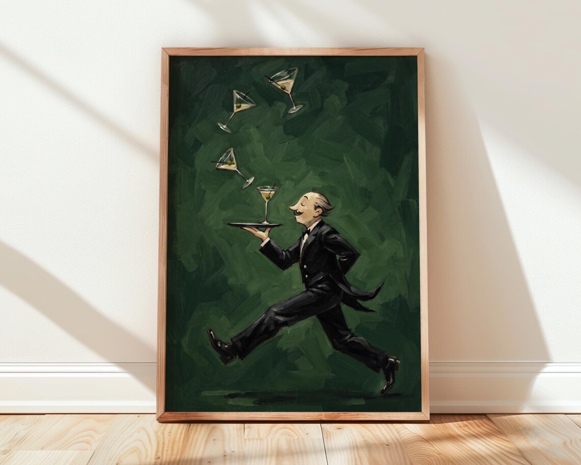 Running Waiter Cocktail Print, Vintage Bar Art Print