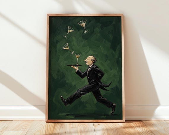 Running Waiter Cocktail Print, Vintage Bar Art Print