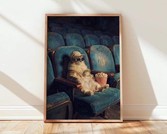 Cat At The Movies Painting Vintage Cinema Wall Art