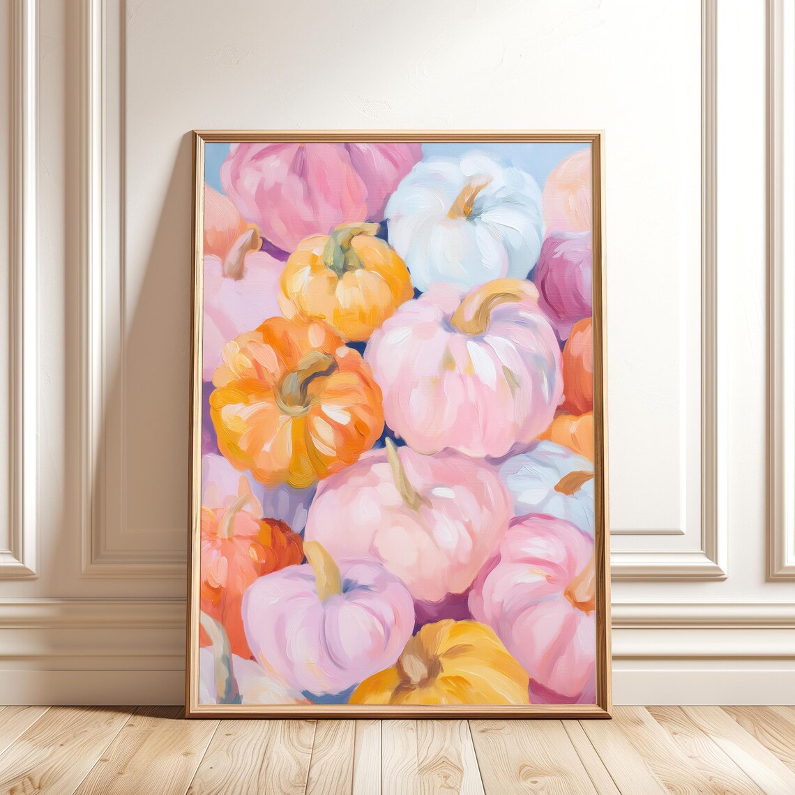 Pastel Pumpkin Patch Oil Painting Pink Orange Lavender Fall Harvest Poster