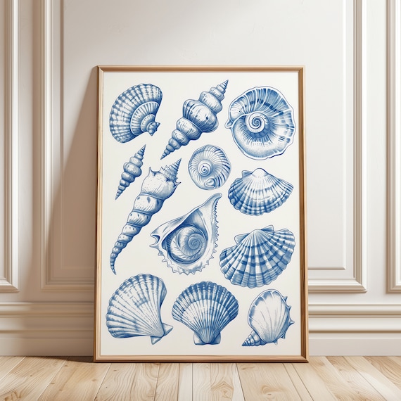 Blue Seashell Collection Illustration Coastal Nautical Chart Poster