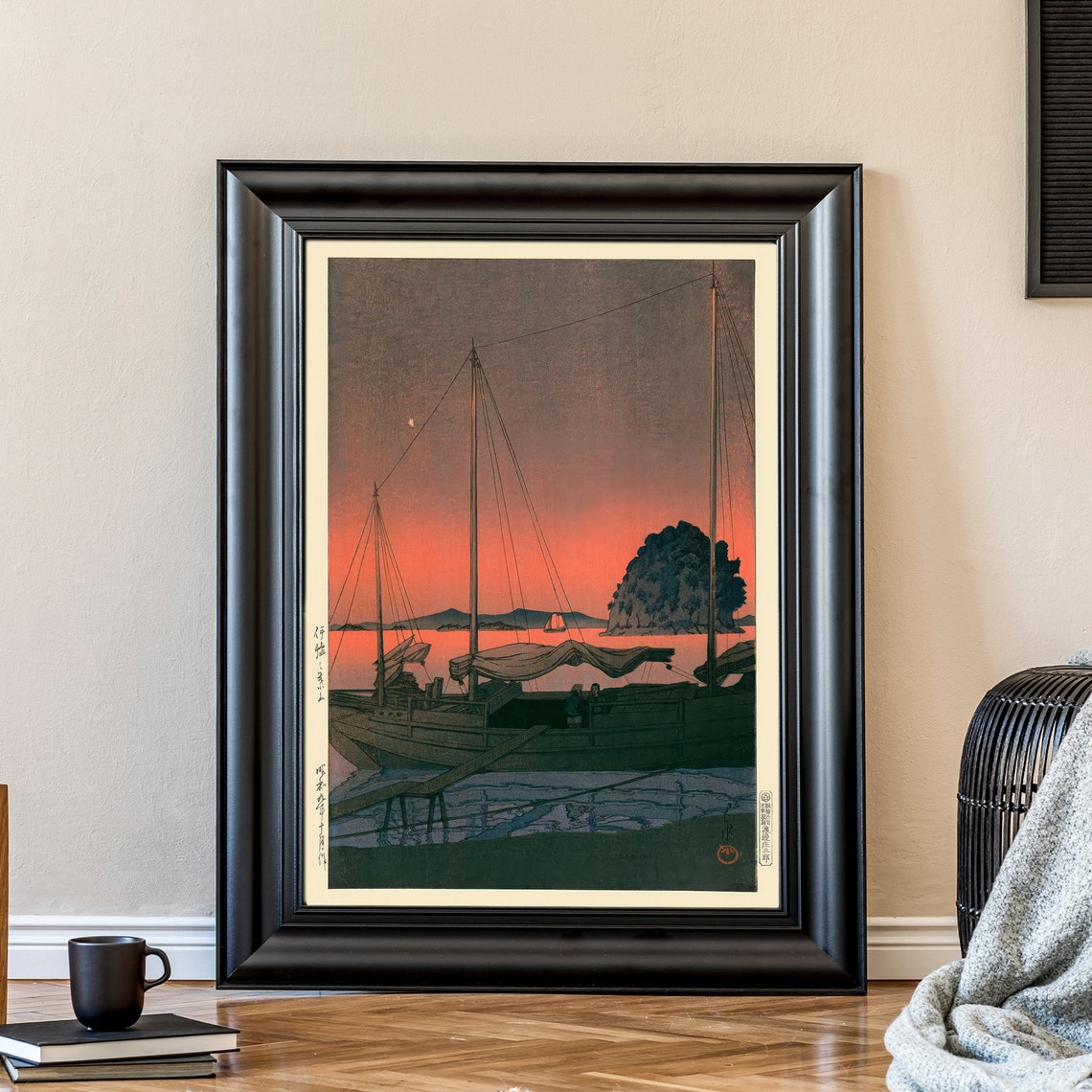 Japanese Sunset Harbor Sailboats Silhouette Woodblock Art Poster - Image 2
