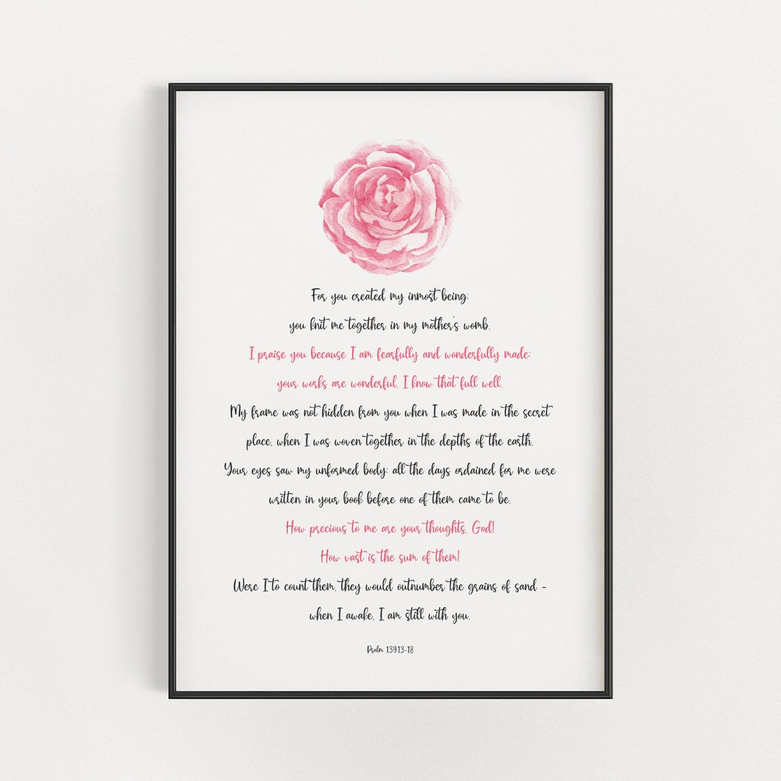 Psalm 13913 18 Nursery Bible Verse Wall Art Pink Watercolour Floral Christian Scripture Decor Fearfully And Wonderfully Made