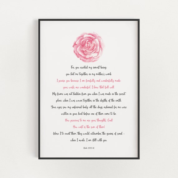 Psalm 13913 18 Nursery Bible Verse Wall Art Pink Watercolour Floral Christian Scripture Decor Fearfully And Wonderfully Made