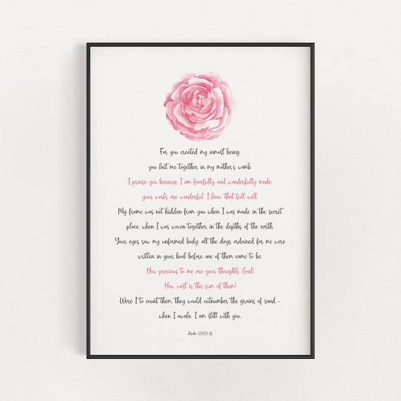 Psalm 139:13-18 Pink Rose Watercolor Nursery Scripture Verse Poster