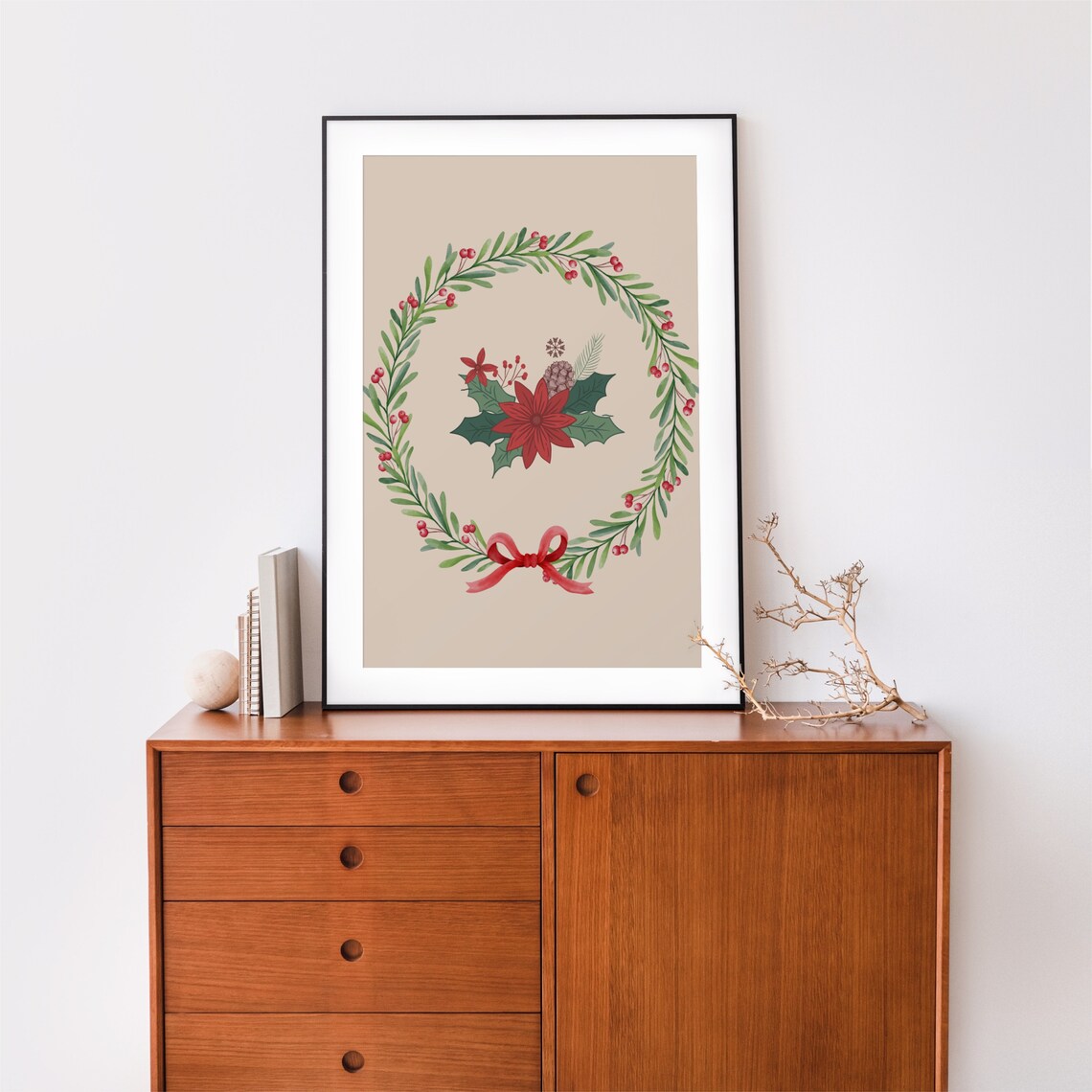 Christmas Wreath Poinsettia Holly Pinecone Red Bow Watercolor Poster - Image 3