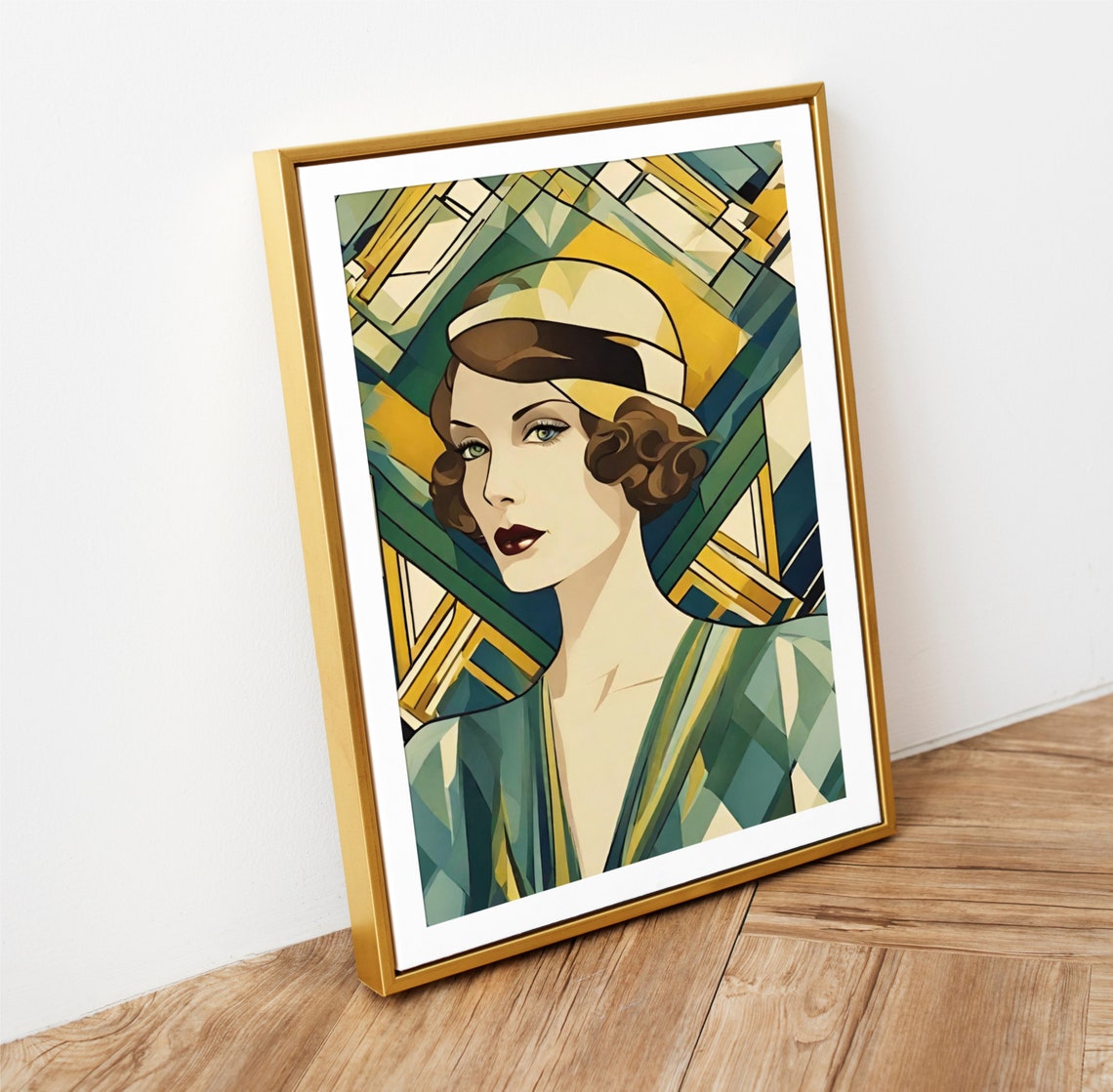 Art Deco Lady Cloche Hat Portrait Teal Gold Geometric 1920s Art Poster - Image 3