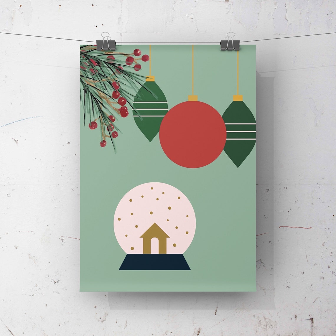 Minimalist Christmas Ornaments Snow Globe Sage Green Wall Poster
