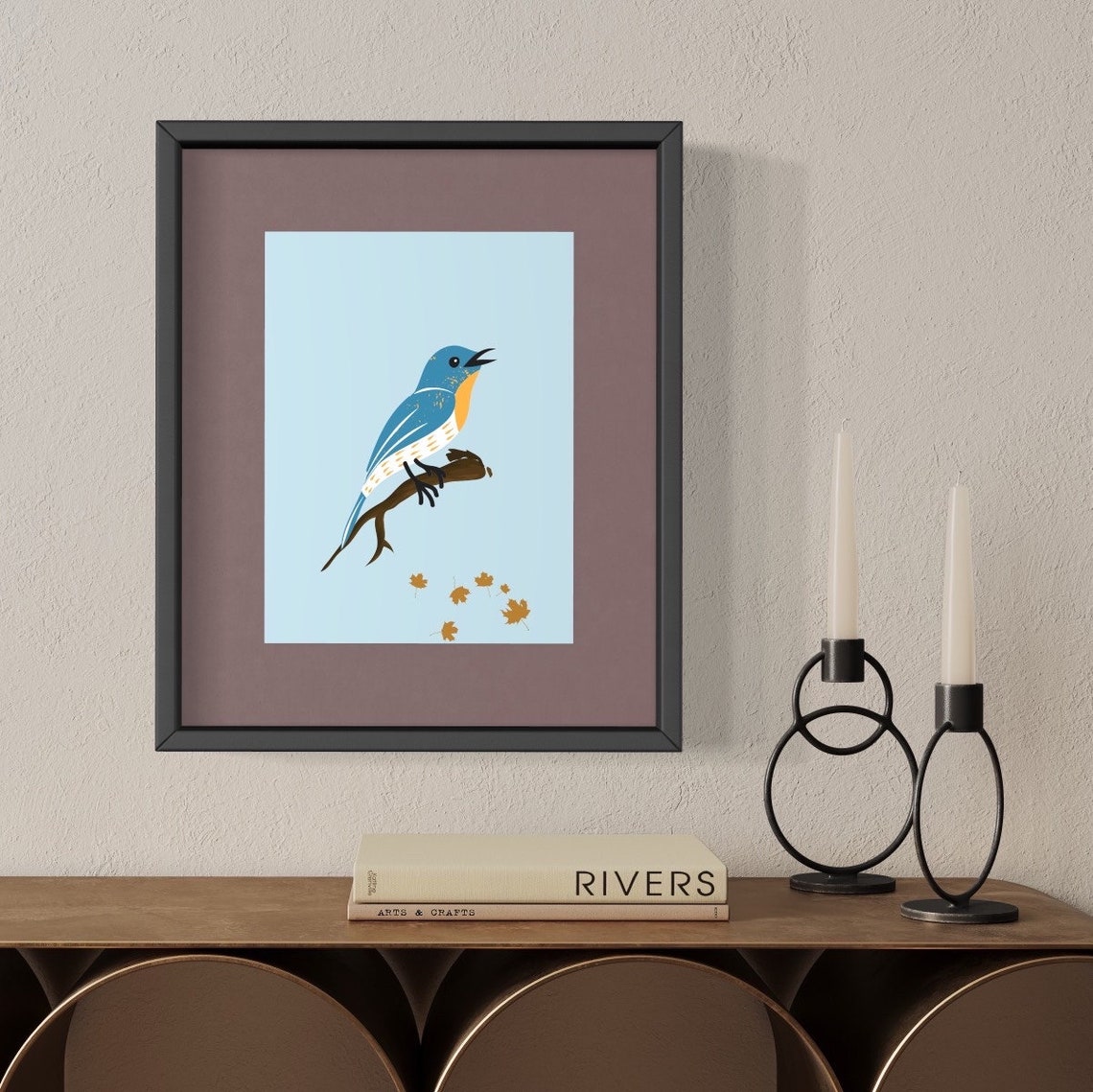 Bluebird On Branch Autumn Leaves Minimalist Bird Illustration Poster - Image 3