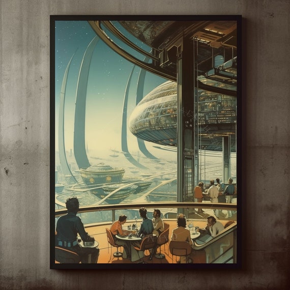 Retro Scifi Multidimensional Terrace Bar Art Print Surreal Space Comic Illustration Cosmic Futurism Vintage