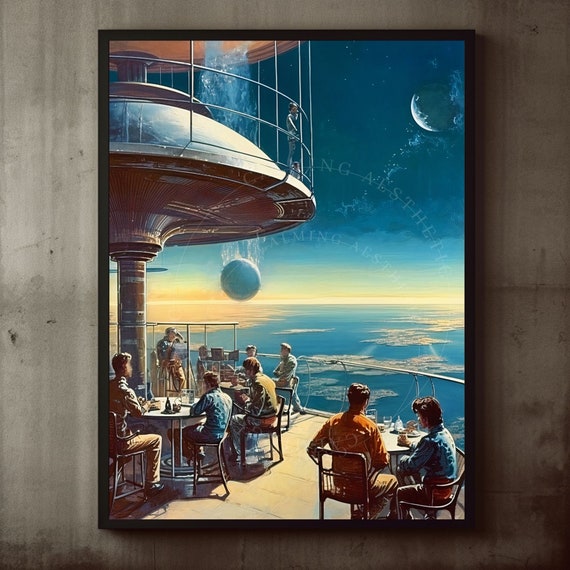 Space Terrace Expansive View Art Print Retro Futurism Vintage Wall Sunset Surreal Scifi Decor