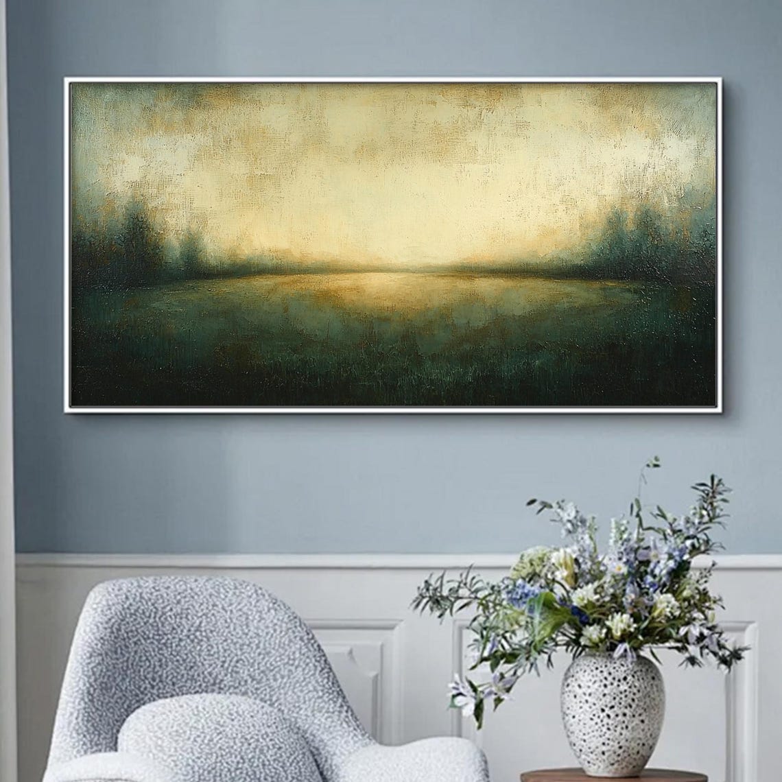 Pale Gold Green Abstract Horizon Panoramic Dusk Meadow Wall Art - Image 2