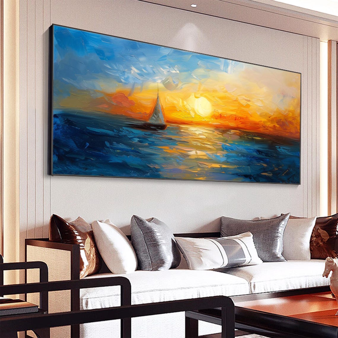 Lone Sailboat Golden Sunset Blue Ocean Impasto Seascape Oil Painting - Image 3