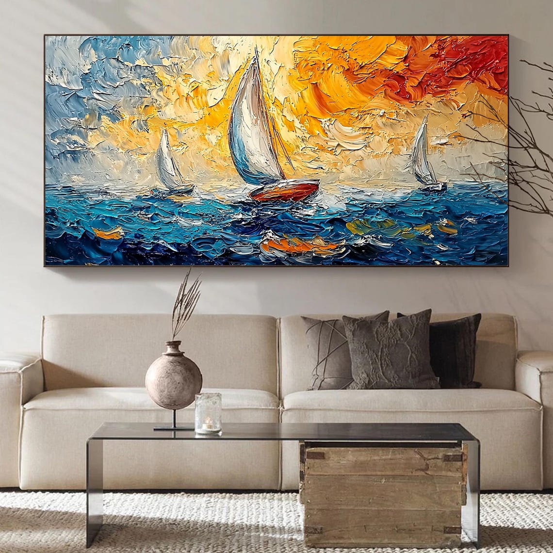 Three Sailboats Fiery Orange Sunset Textured Ocean Wave Oil Painting - Image 4