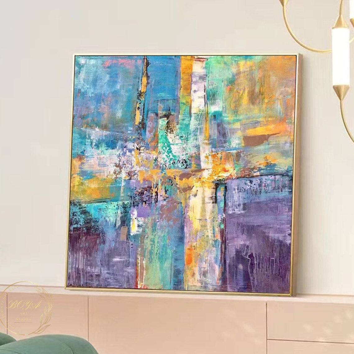 Vibrant Teal Purple and Gold Multicolor Abstract Canvas Poster