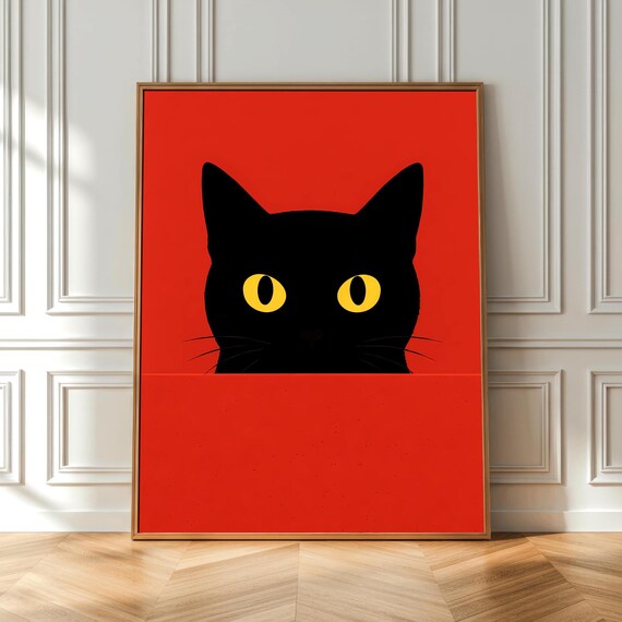Minimalist Black Cat Poster Modern Wall Art Red Background Print Bold Lover Gift Instant Decor Animal