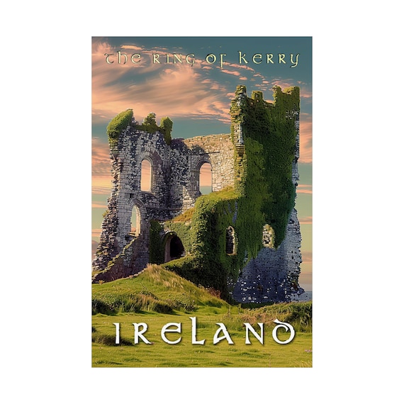 Ballycarbery Castle Ring of Kerry Ireland Sunset Vintage Travel Poster