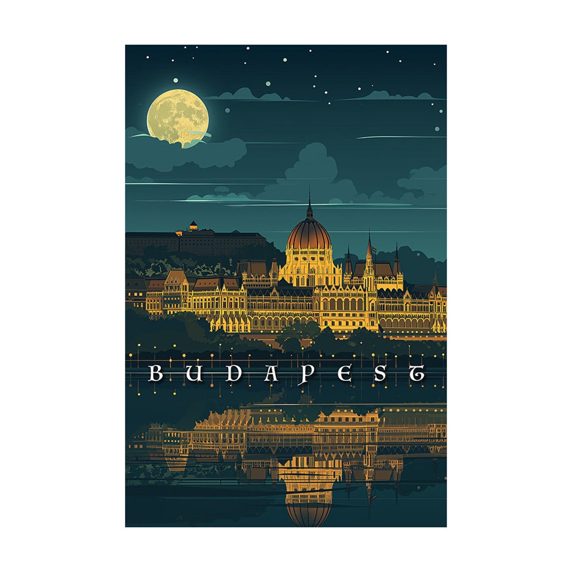 Budapest Night Parliament Danube Moonlight Reflection Travel Poster