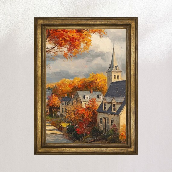 Autumn Village Church Steeple Fiery Foliage Vintage Oil Painting Poster