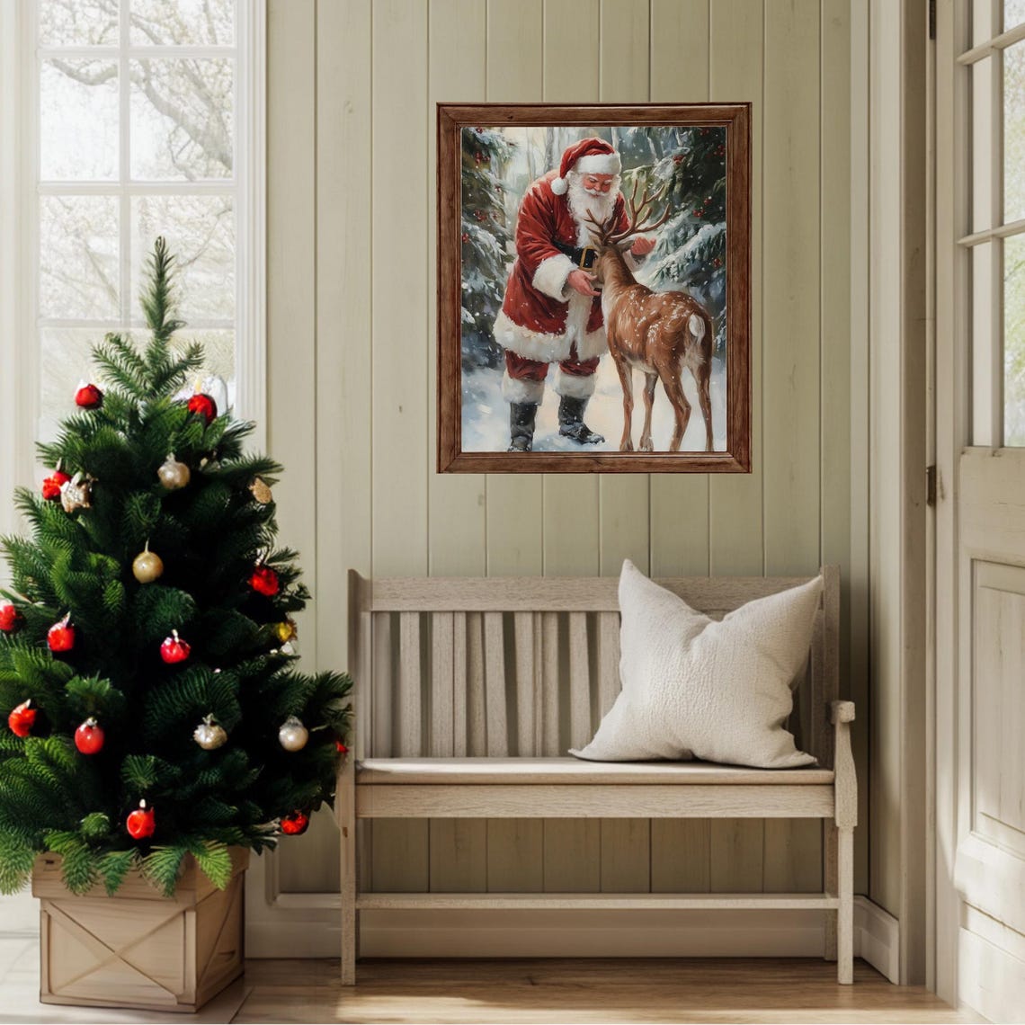 Santa Claus Feeding Reindeer in Snowy Woods Vintage Christmas Poster - Image 2