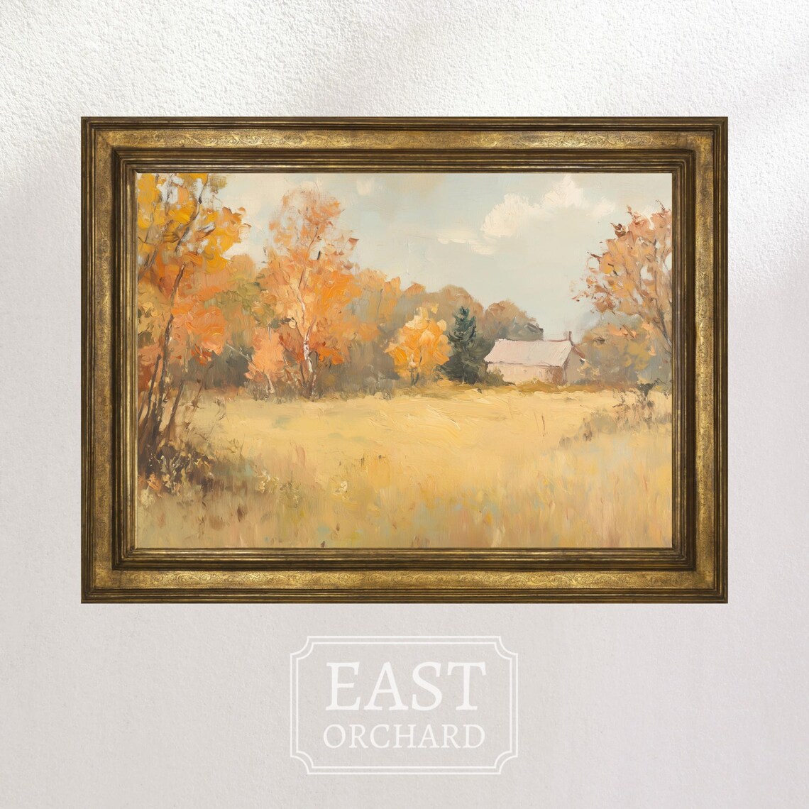 Autumn Meadow Orange Trees White Farmhouse Vintage Landscape Poster - Image 3