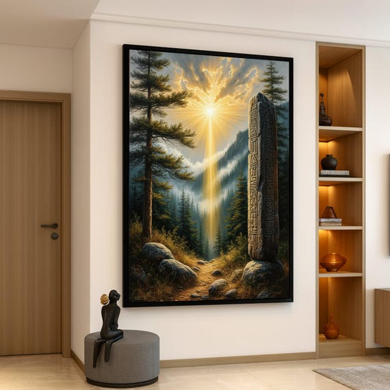 Mystical Forest Pathway Ancient Stone Tablet Canvas Sunrise Rays Wall Art Nature Landscape Spiritual Home Decor Ready To Hang