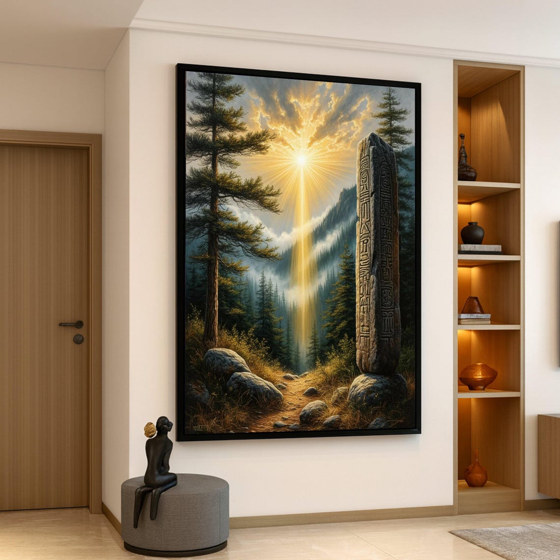 Mystical Forest Path Ancient Carved Stone Sun Rays Fantasy Wall Art
