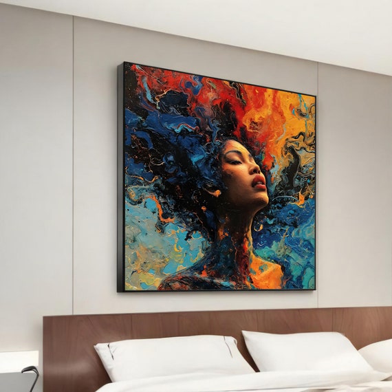 Radiant Reverie Modern Canvas Painting Of Woman With Colorful Abstract Hair Unique And Vibrant Wall Art Gift