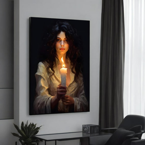 Ethereal Woman With Candle Canvas Mystical Dark Art Portrait Elegant Wall Decor For Home Or Office