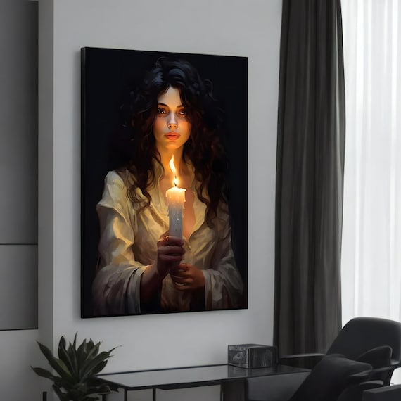 Mystical Woman Holding Candle Dark Ethereal Portrait Art Poster