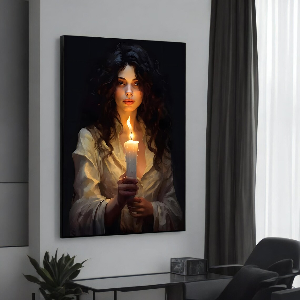 Mystical Woman Holding Candle Dark Ethereal Portrait Art Poster